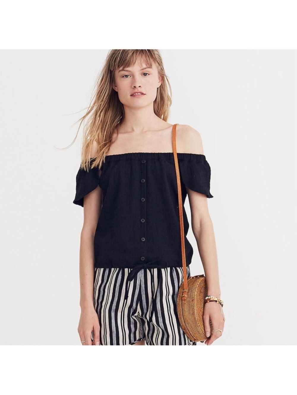 Madewell | Black Off Shoulder Button Front Crop Top Ruffle Sleeve Size Medium